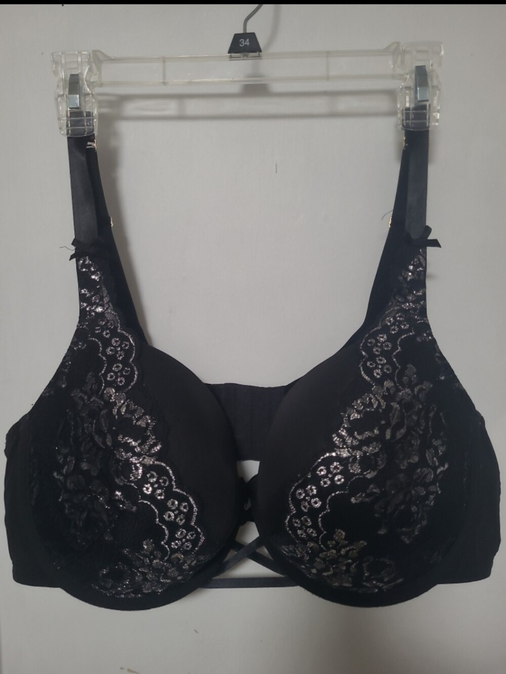 Cacique Black Bra with Silver Lace Boost Balconette 44DD Padded